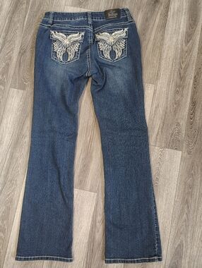 Love Indigo Dark Blue Embroidered Pocket Bootcut Jeans Size 6